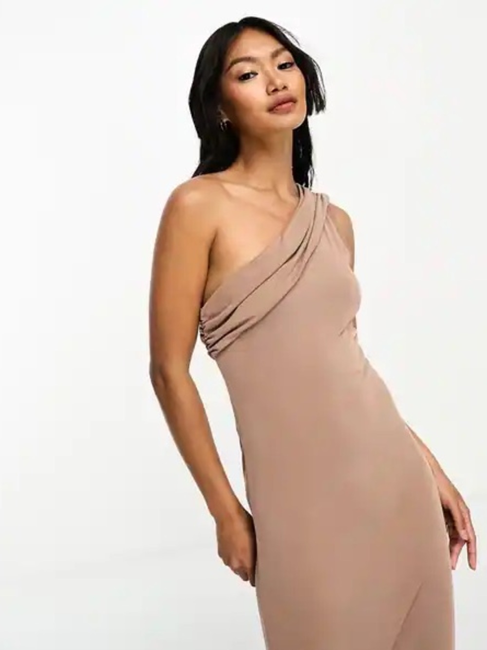 ASOS One-Shoulder Ruched Midi Dress in Taupe